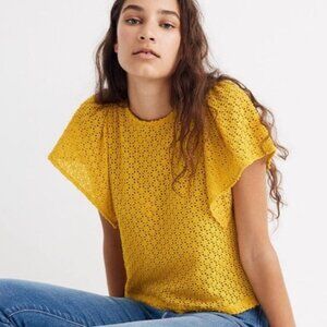 Madewell Yellow Eyelet Blouse Flutter Sleeve Size M